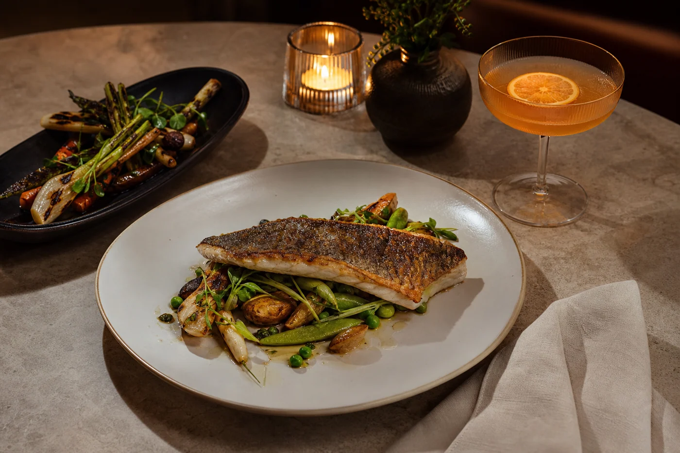Roasted sea bass, seasonal vegetables, and a citrus cocktail on a stone table