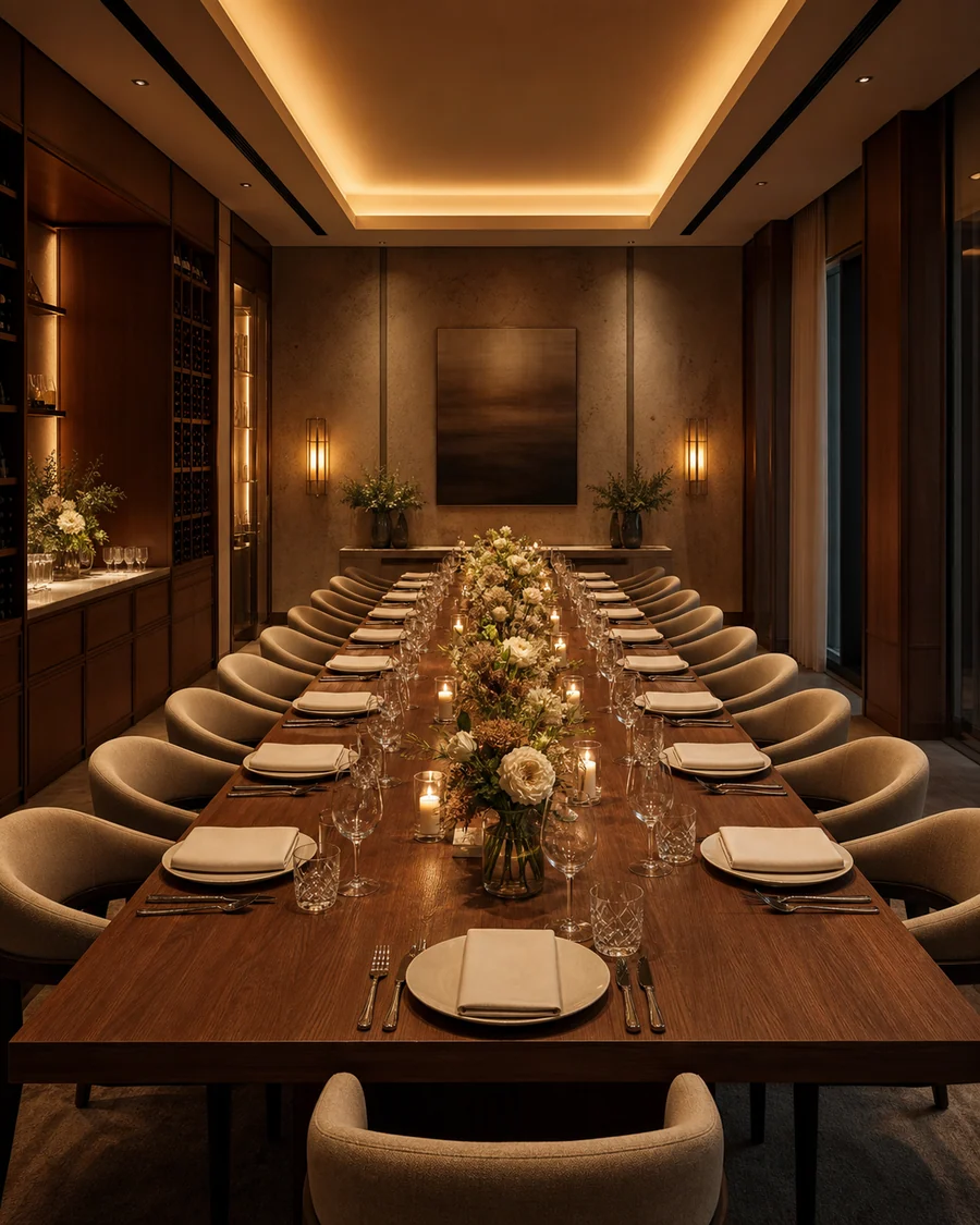 A candlelit private dining room set with a long walnut table