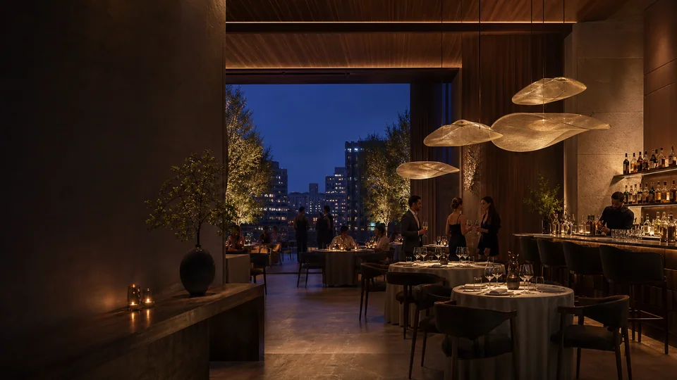 The warmly lit Lumina dining room opening to a city terrace